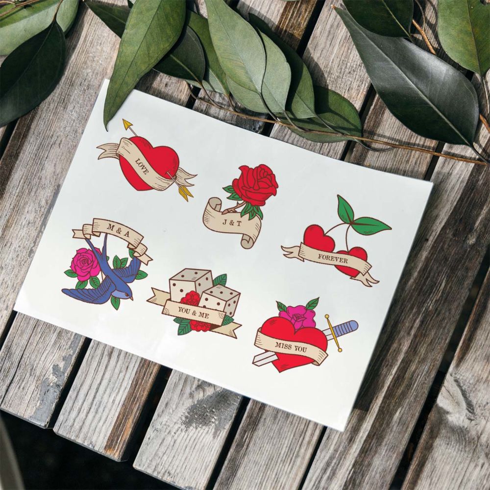 Lot de 6 tatouages personnalisés avec dessins rétros et texte