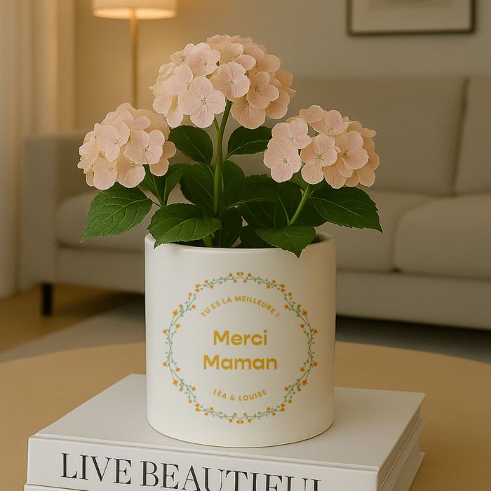 Pot de fleurs personnalisé avec couronne de fleurs et texte